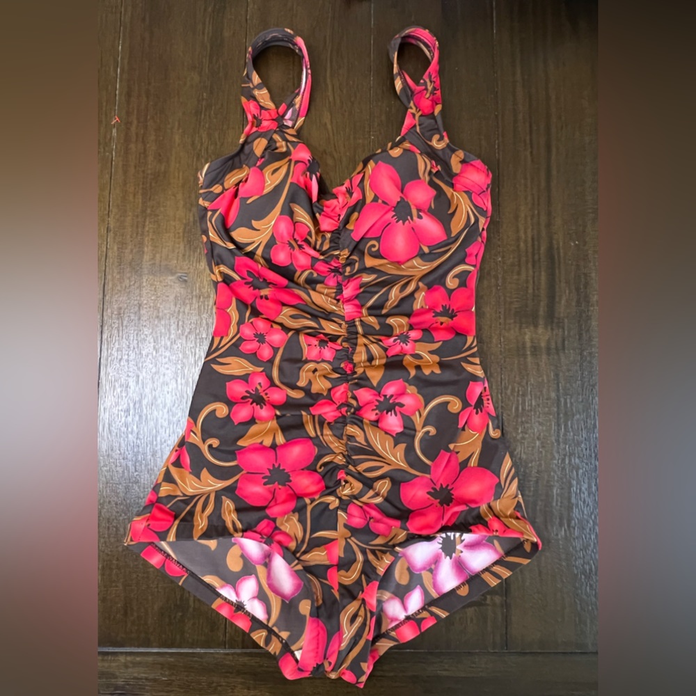 MAXINE one piece bathing suit womens size 12 brown and pink floral